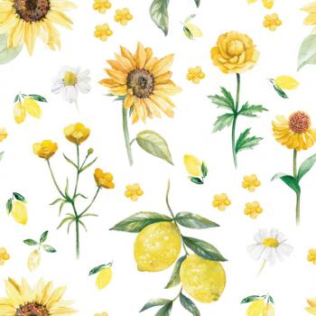 Baumwolldruck Zitronen und Blumen in Gelb auf Weiß